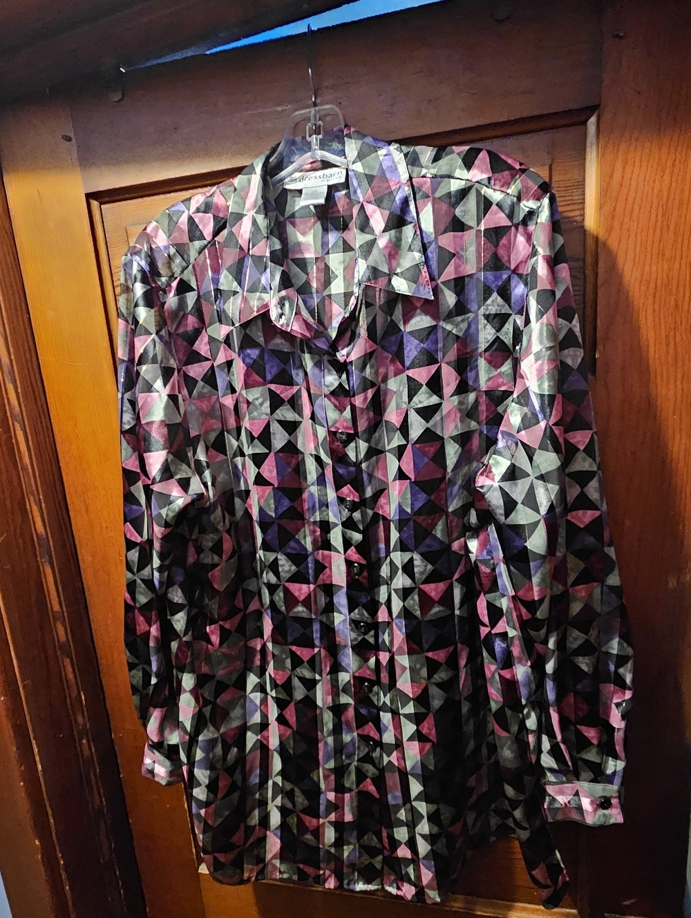 Vtg 90's Dressbarn Black, Pink & Purple Geometric Satin Button-Down Shirt